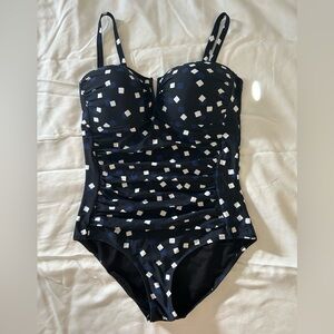 Women's Navy One-Piece Swimsuit with White Geometric Print